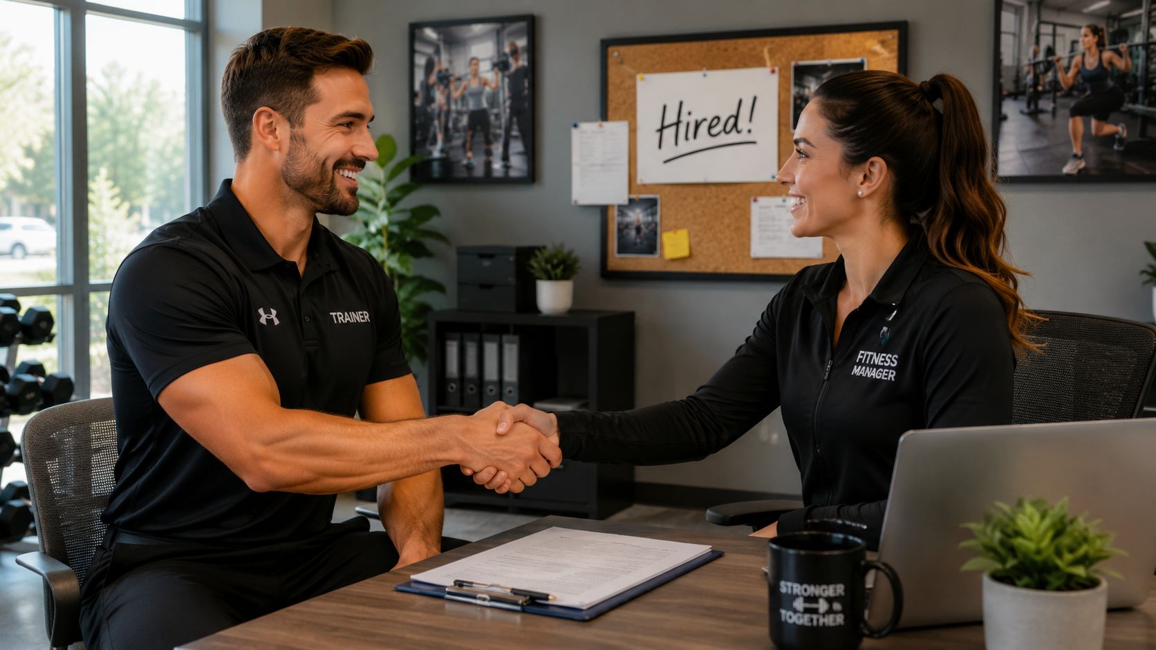 A smiling personal trainer shaking hands with a fitness manager during a job interview in an office.