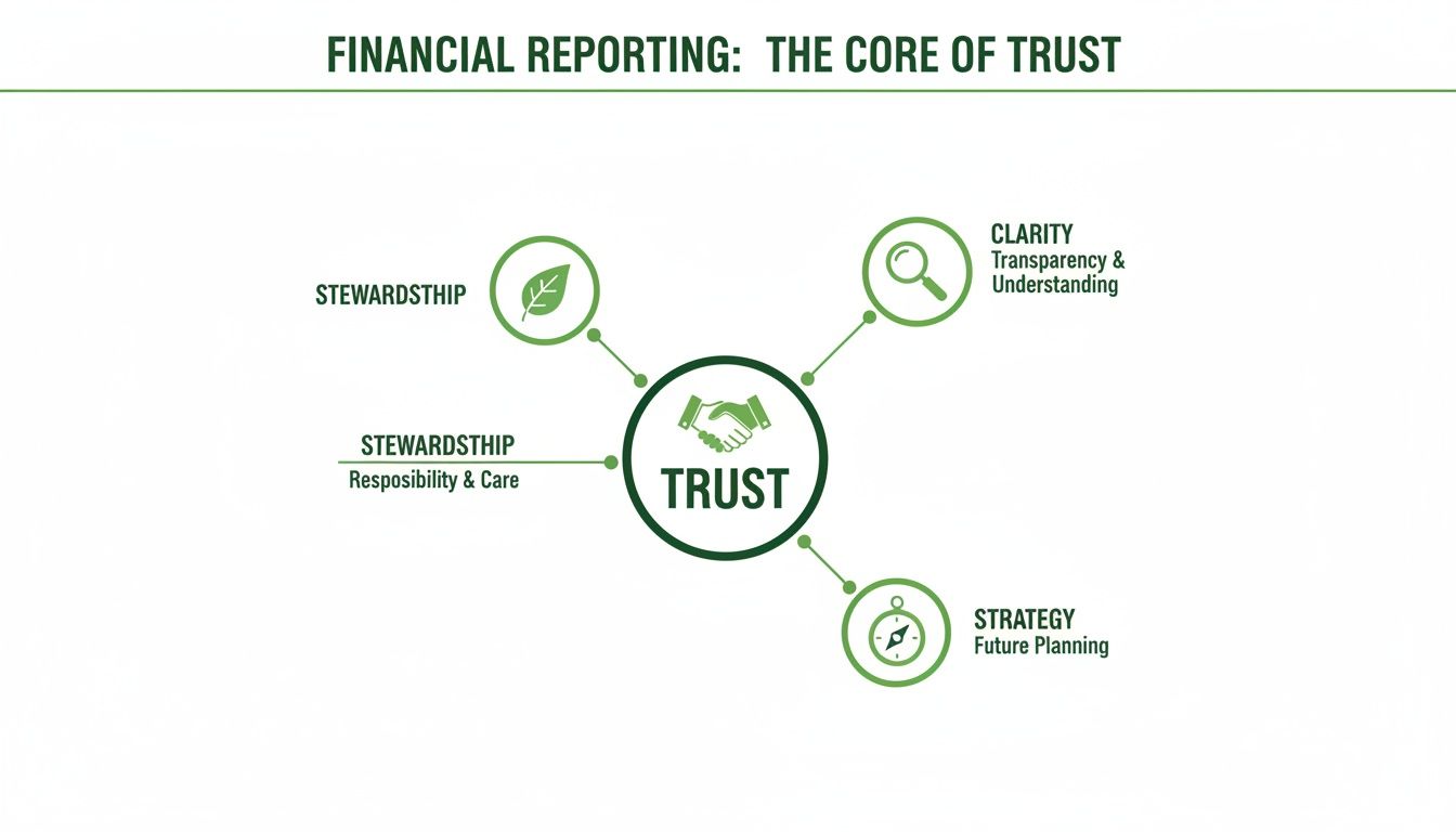 Diagram showing financial reporting as the core of trust, linking stewardship, clarity, and strategy with icons.
