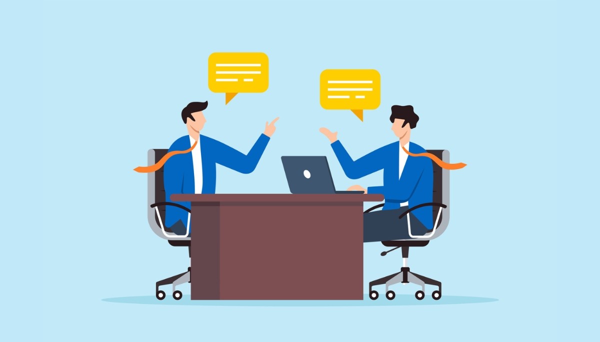 Illustration of a woman seated at a desk working on a computer, holding a paper while a large monitor behind her shows a rocket launch, surrounded by floating dollar signs, gears, paper airplanes, and a light bulb.