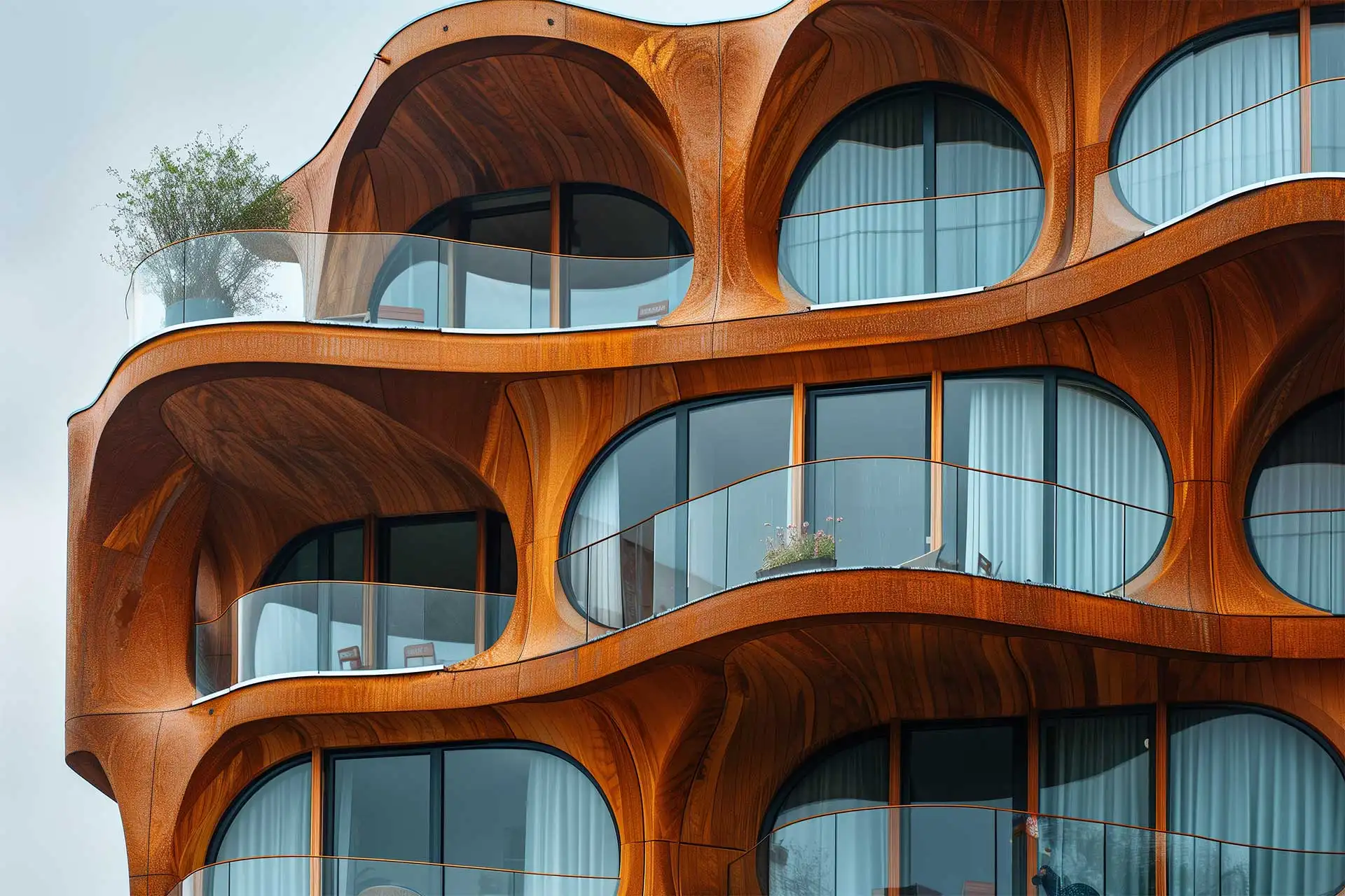 Rooftop garden with trees and plants, overlooking a cityscape at sunset with a tall building in the background