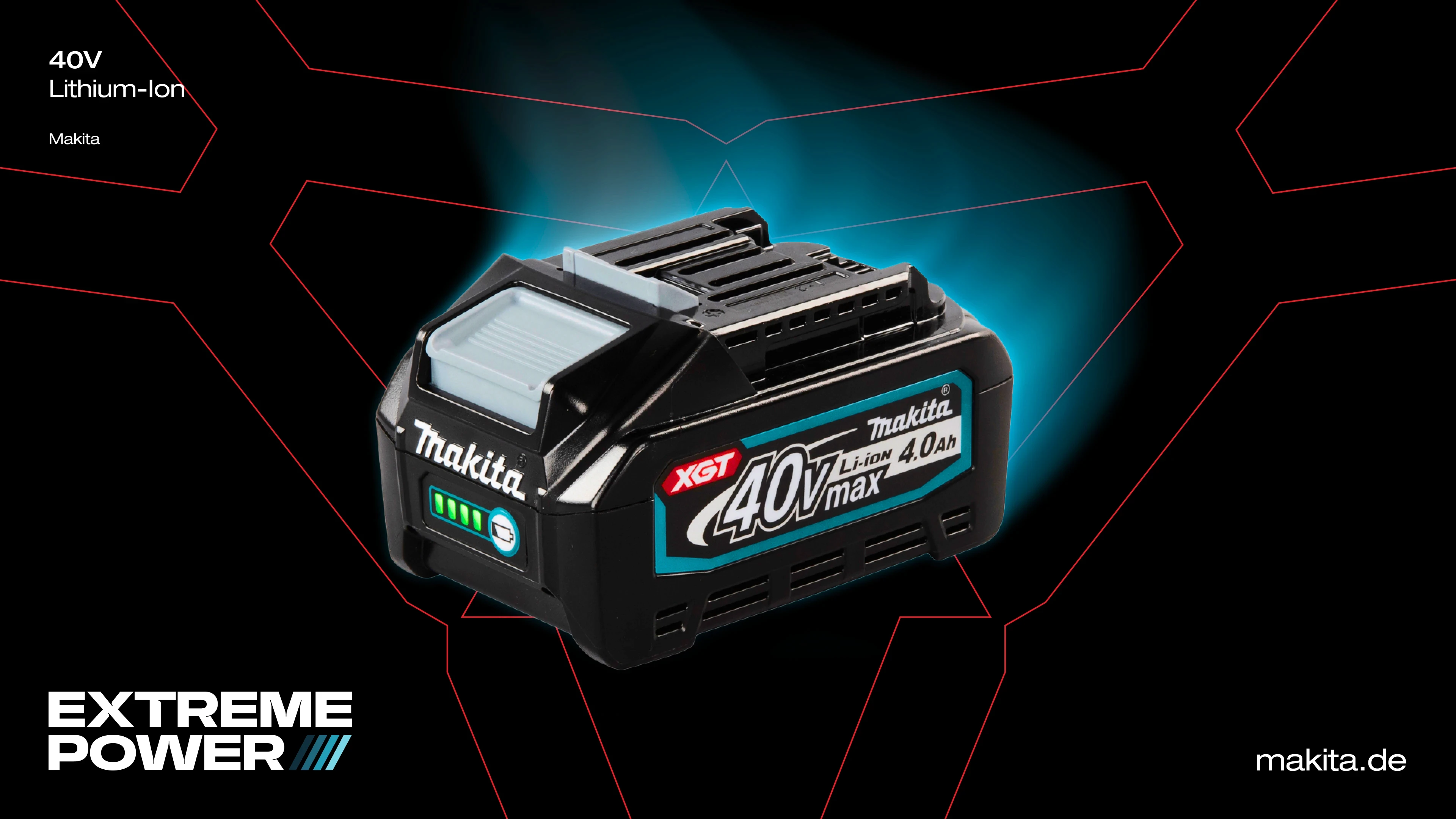 Battery with glowing teal aura and red graphic