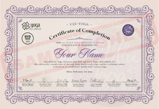 Sample of Yoga Alliance accredited 200 Hour Yoga Teacher Training certificate from Ulu Yoga Bali.