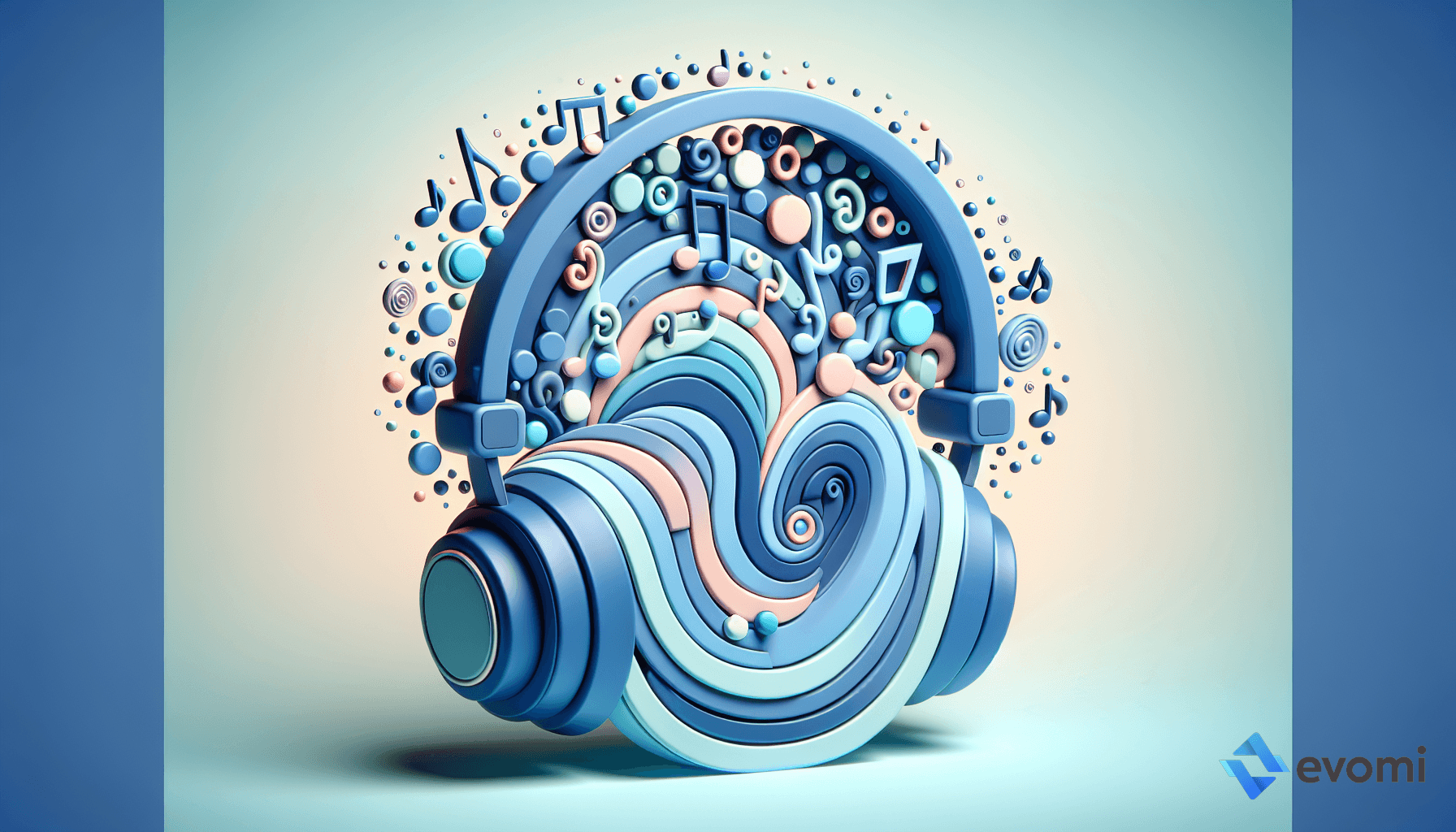  pair of blue headphones with abstract musical and swirling patterns emerging from them.