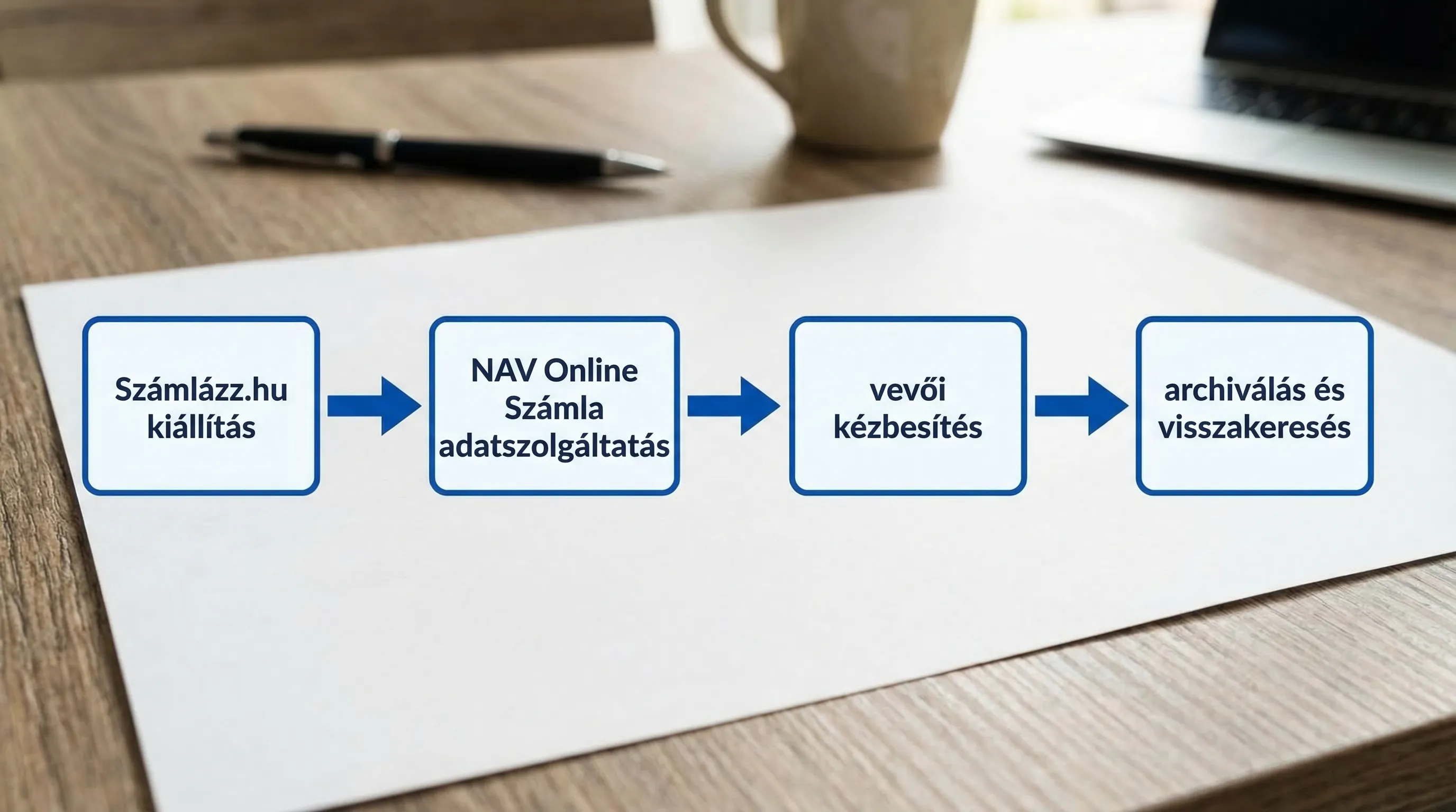A simple flowchart with 4 steps: Invoice issuance via Számlázz.hu → NAV Online Invoice Data Reporting → Delivery to the customer → Archiving and retrieval, connected by arrows.