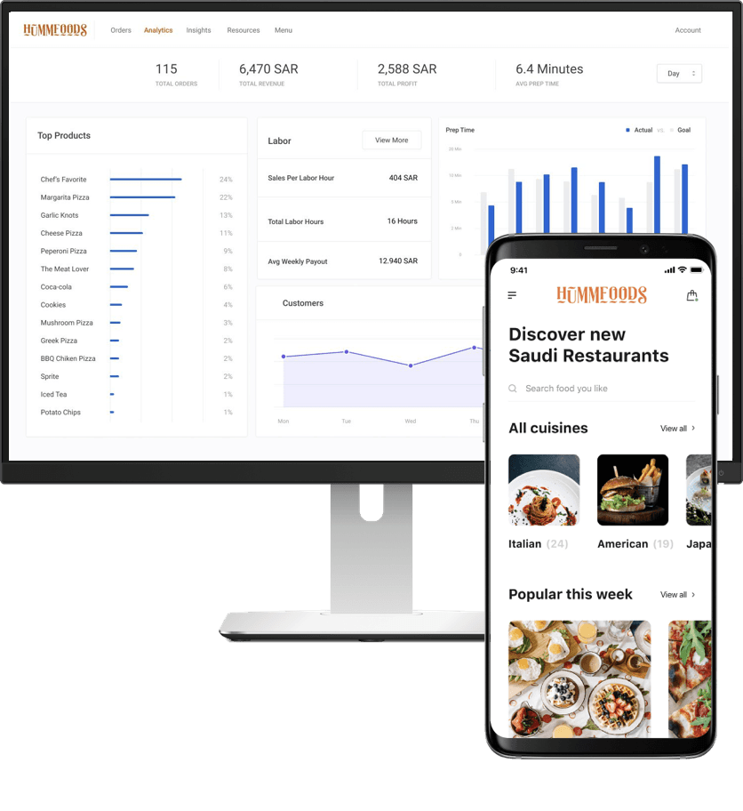 Mockups of admin screens; the screen designs are placed inside a desktop device and a mobile device..