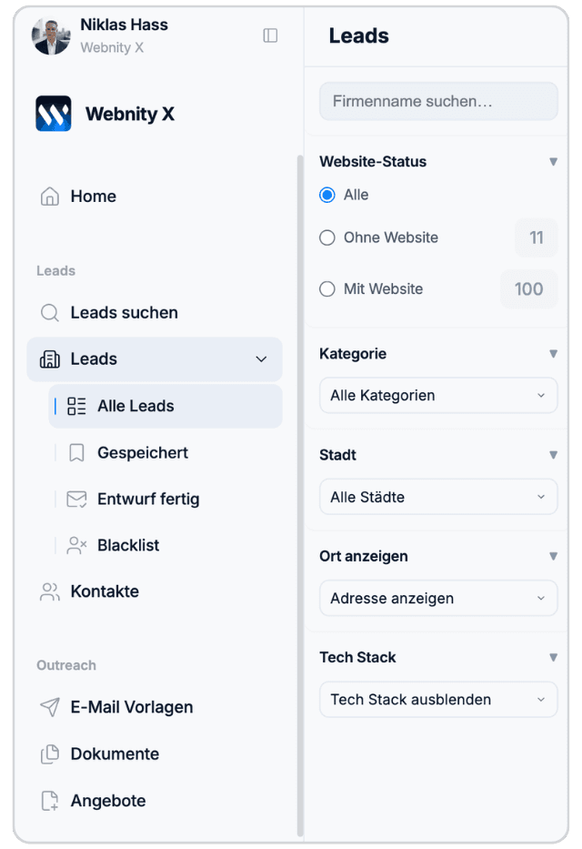 Webnity X Seitenmenü mit Leads, CRM und Dokumenten in der Navigationsübersicht