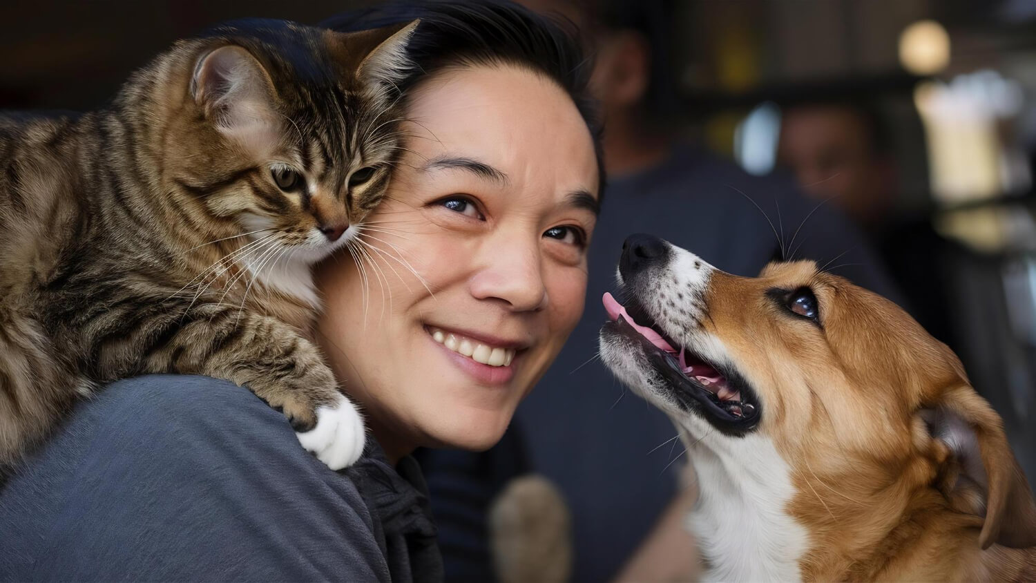 happy woman with dog and cat on her shoulder