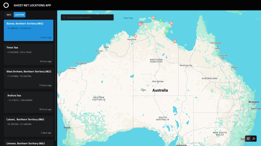 Ghost nets locator web application screen