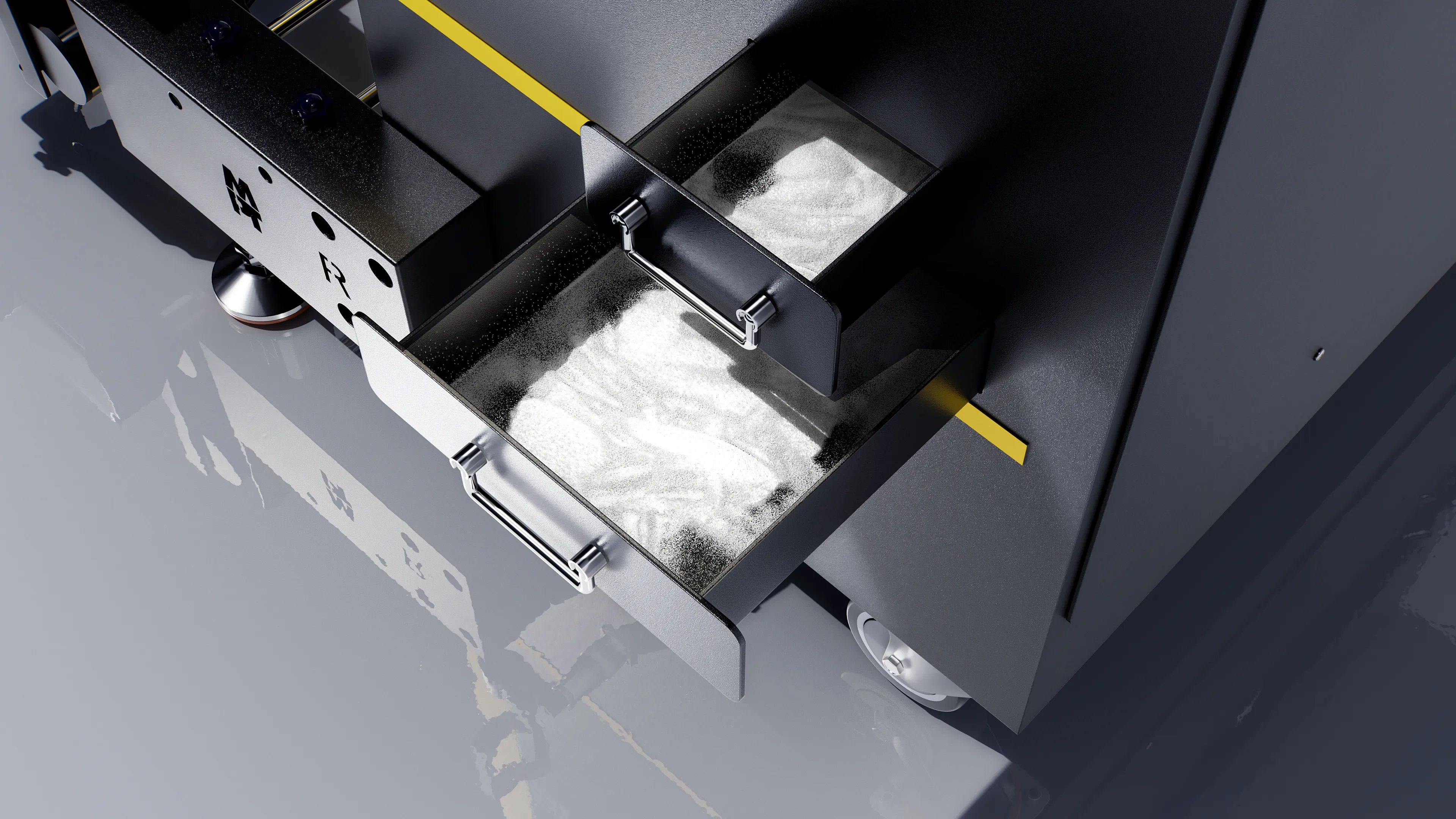 Close-up of the dual-structured powder collection bin in the Dune M powder shaker. This tray efficiently collects excess powder during operation, helping to minimize waste and maximize powder usage.