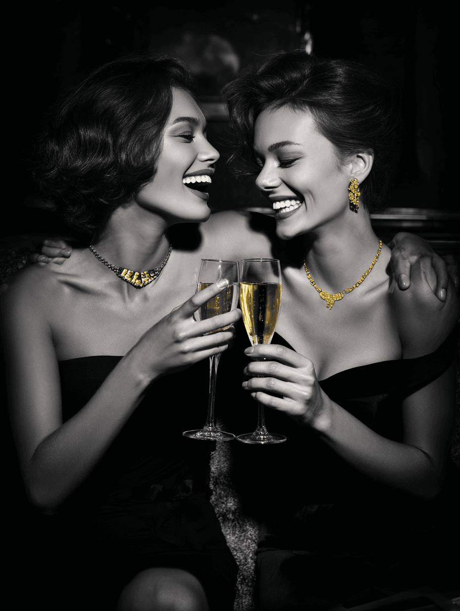 Two guests laughing and toasting with champagne, gold jewelry catching the light