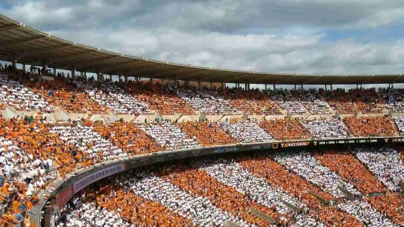 A stadium full of orange fans during a major football tournament, symbolising the economic and cultural importance of such major events.