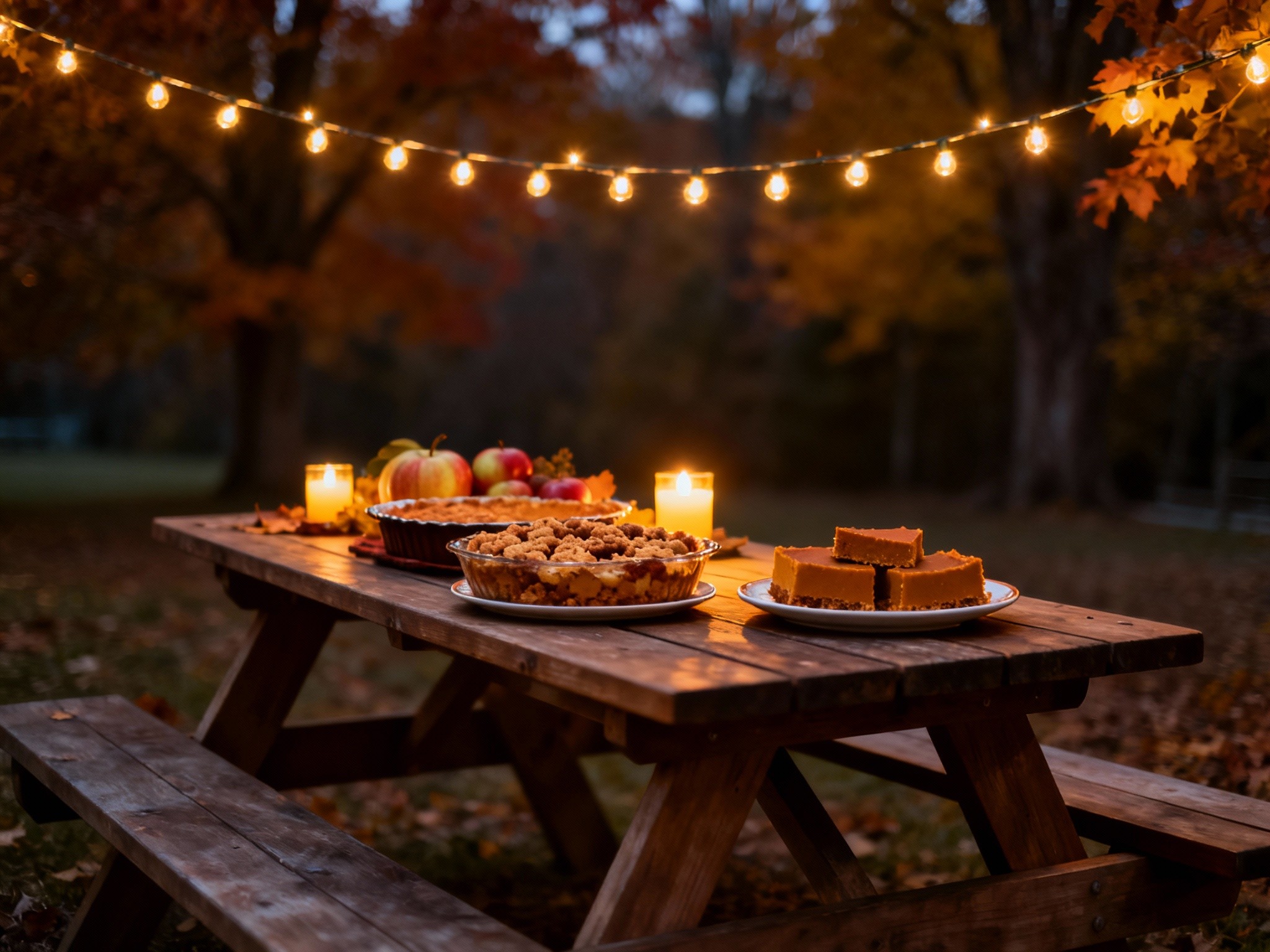 A cozy evening outdoor setting with a wooden picnic table decorated with Thanksgiving desserts such