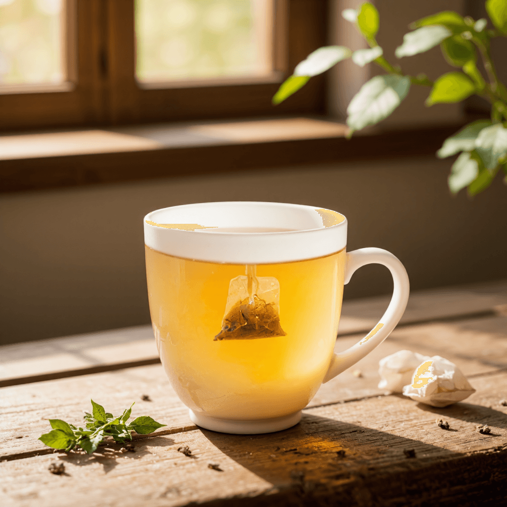 product photography of a cup of herbal tea with a tea bag