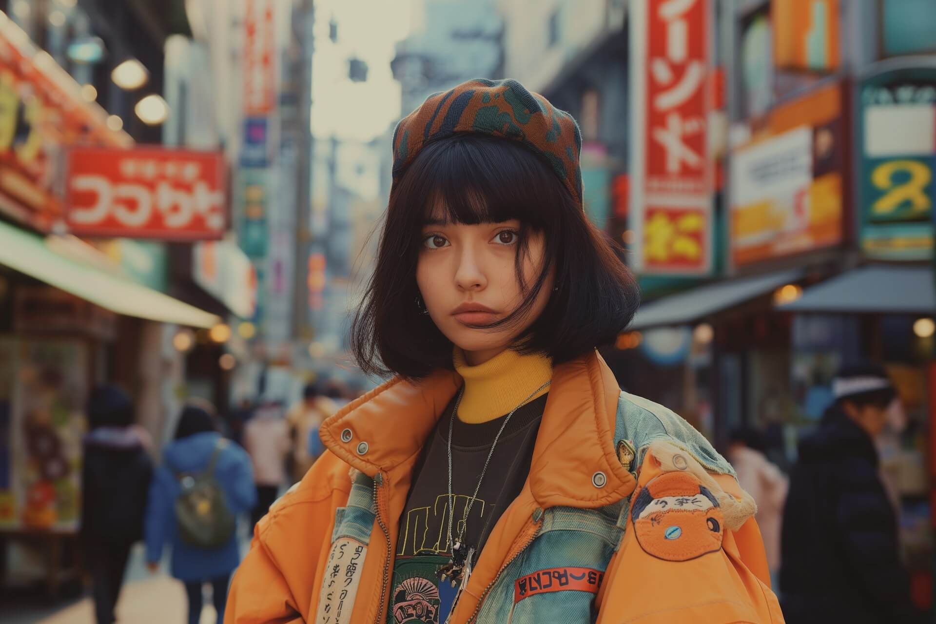 A woman in an orange jacket and hat stands amidst a bustling crowd on a lively street