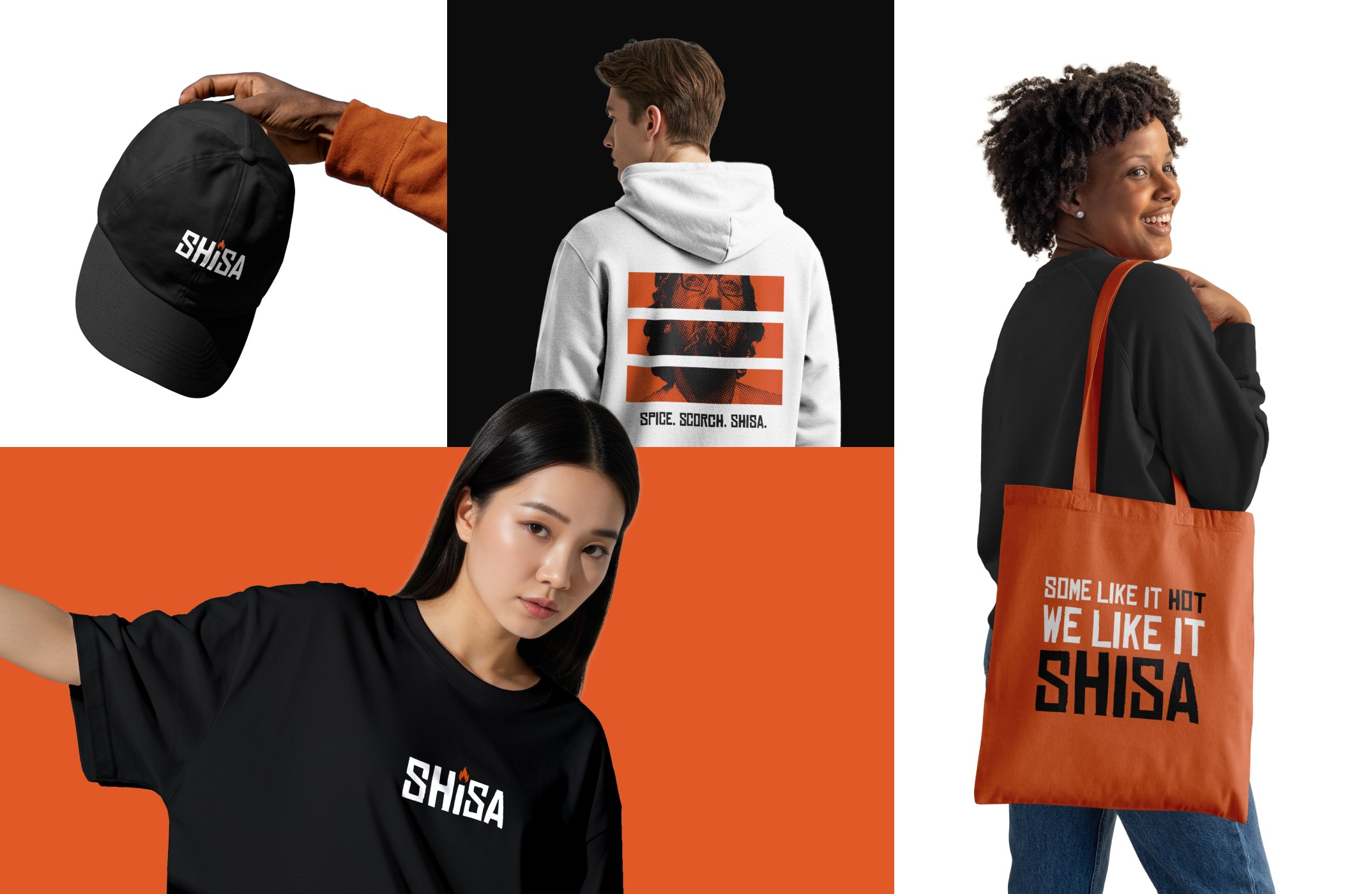 Grid showing people modeling for merchandise of a hot sauce brand