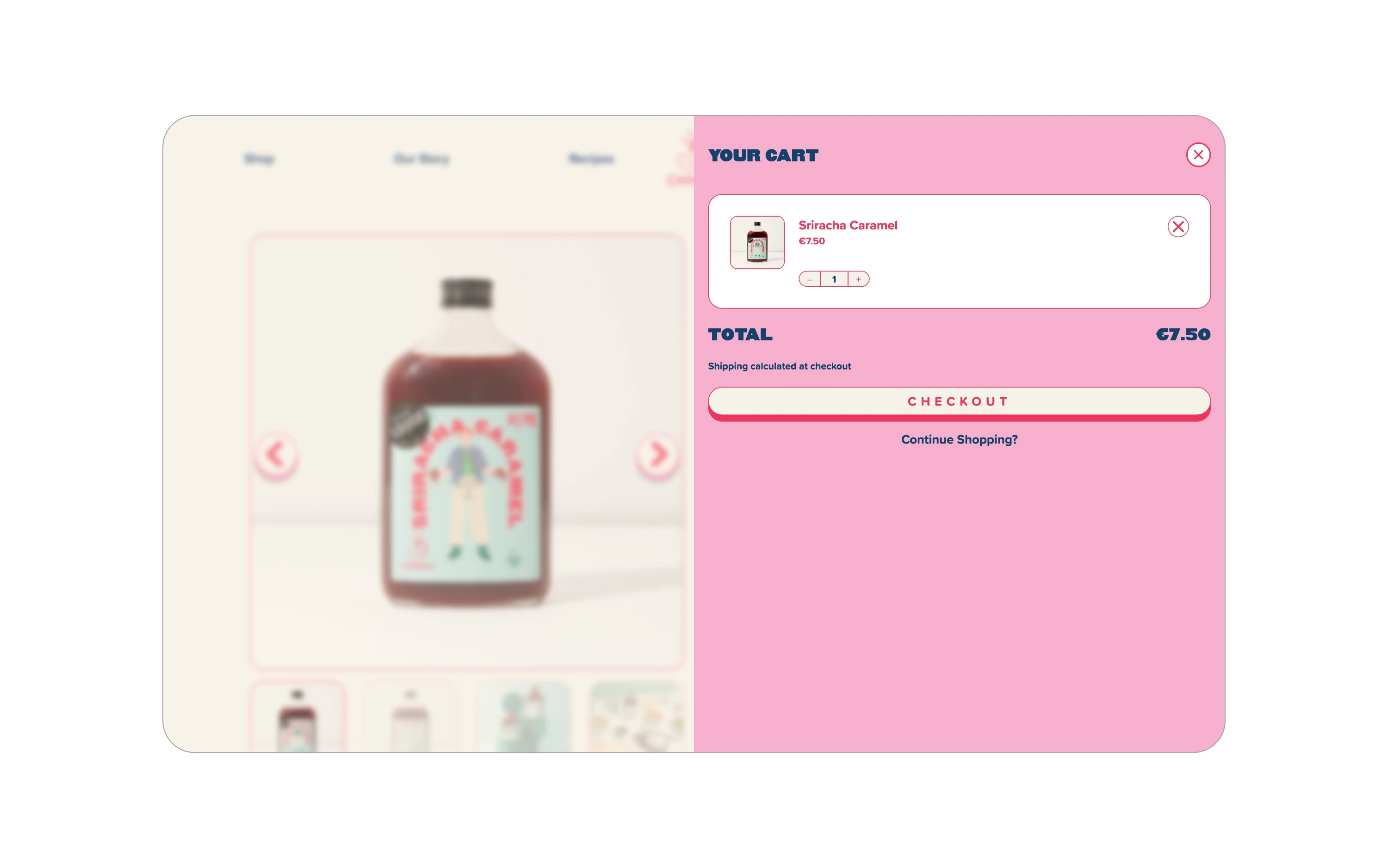 detail on chimac suaces website, show the side cart and a product in it