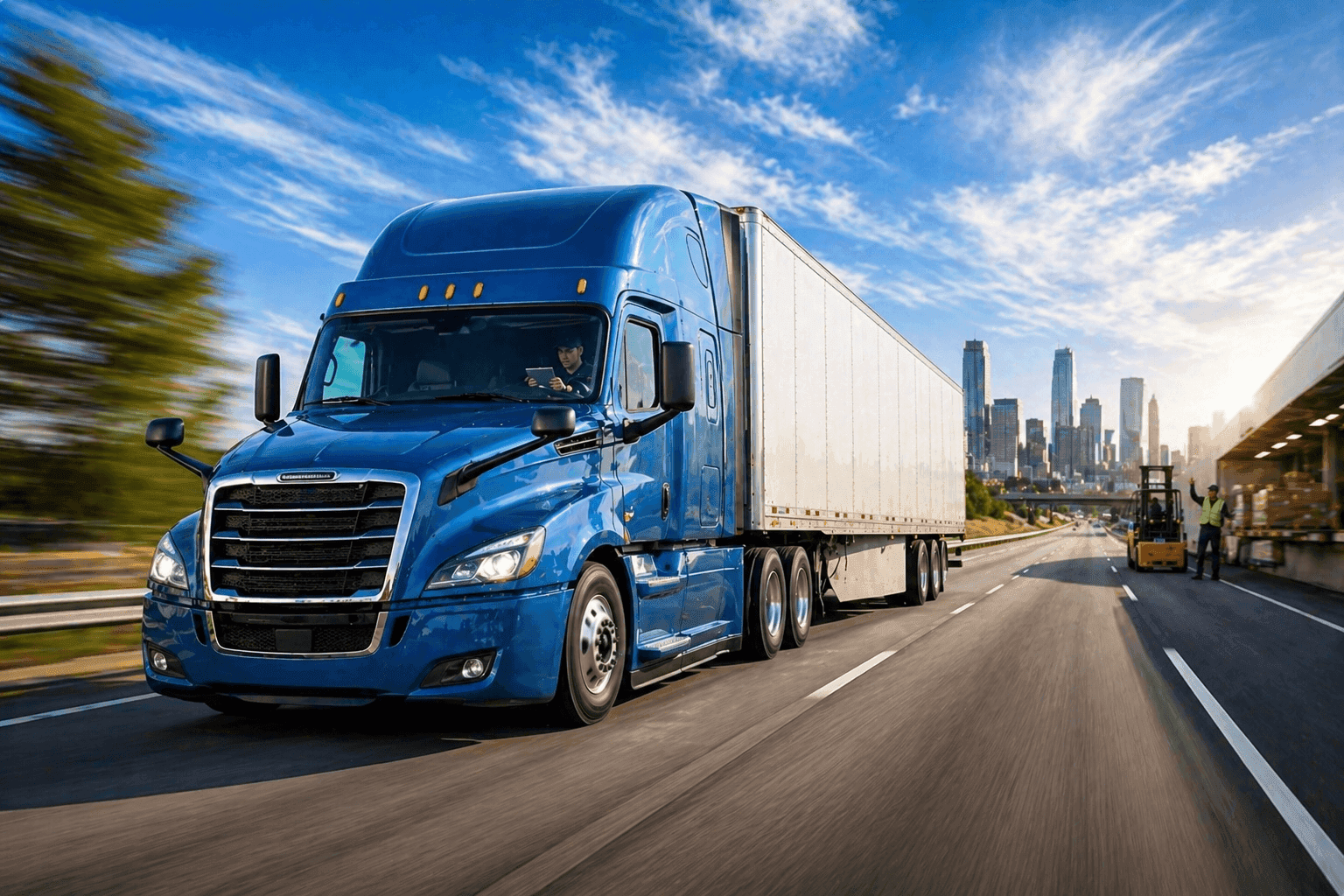Blue semi truck driving on a highway toward a city skyline, with a forklift loading pallets at a nearby warehouse dock.