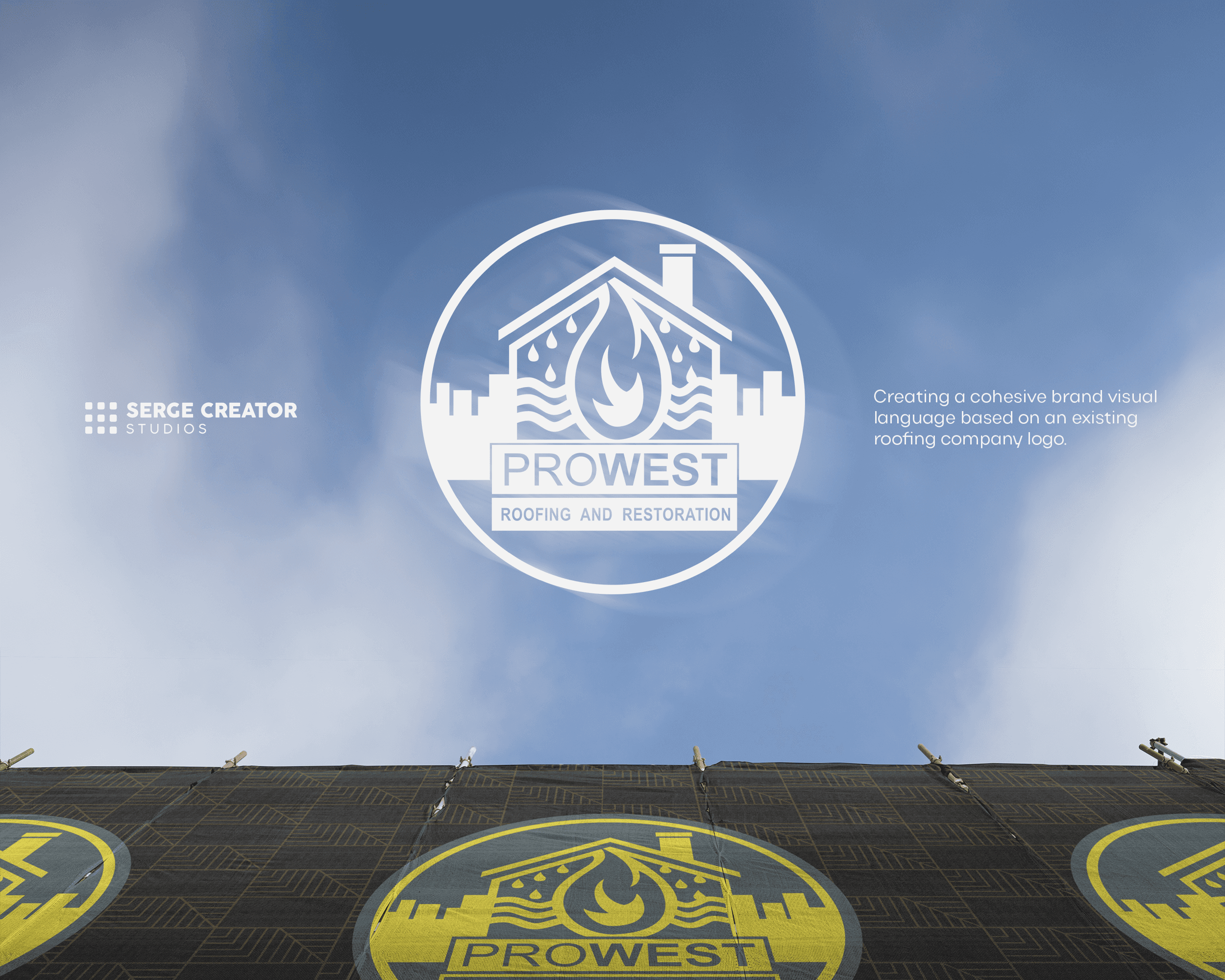 ProWest branded print collateral layout featuring a trifold brochure, two retractable banners with the tagline Prowest Provides Protection, and a woman wearing a black t-shirt with the ProWest logo on the back