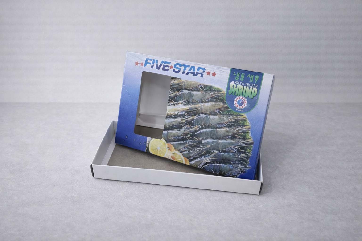 Custom Carton Seafood Box.Frozen shrimp retail box with Korean text and product display window, manufactured in Sarawak.