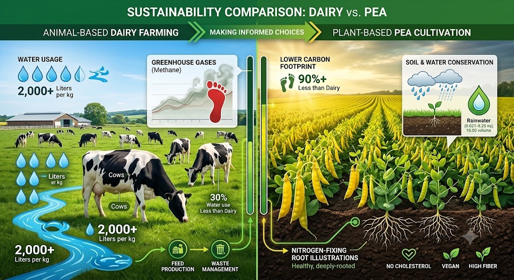 A comparative infographic contrasting the environmental impacts of animal-based dairy farming and plant-based pea cultivation. The dairy side (left) shows grazing cows and high water consumption. The pea cultivation side (right) shows lush pea fields, rainwater usage, and a lower carbon footprint.