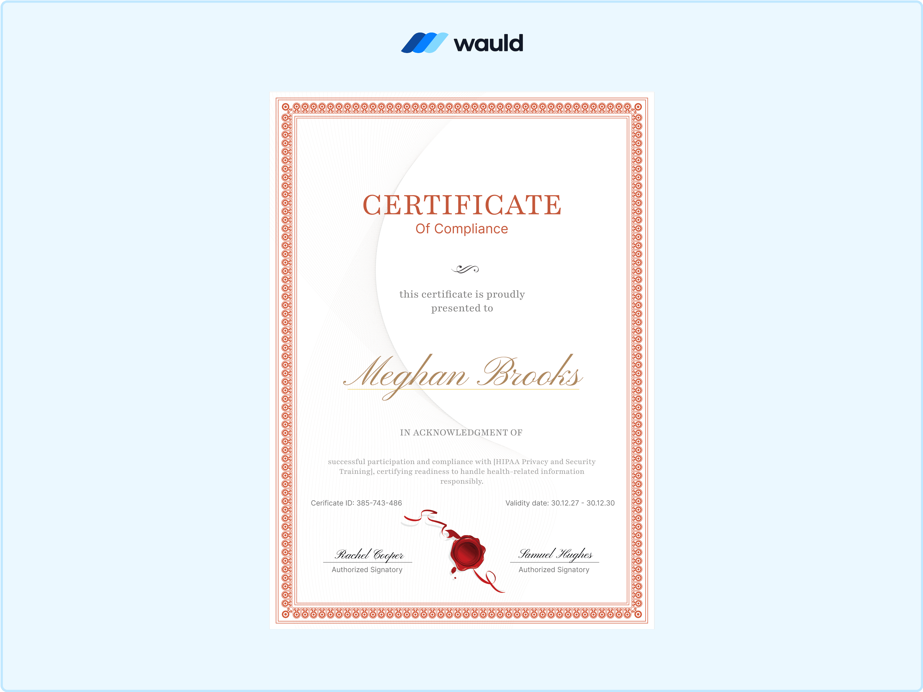 Wauld - Elegant portrait compliance certificate template&nbsp;