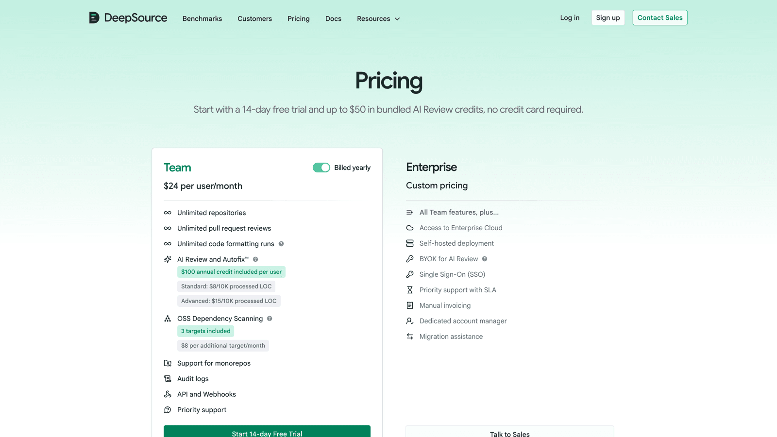 DeepSource pricing page showing the Team plan at 24 dollars per user per month billed yearly and the custom-priced Enterprise plan