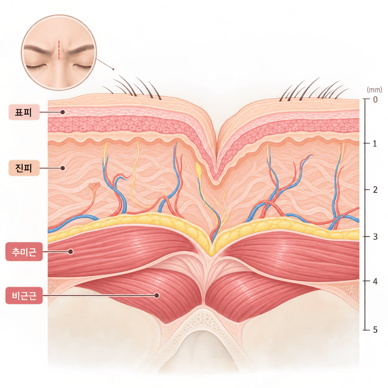 세로줄을 만드는 추미근과 코뿌리 가로줄을 만드는 비근근