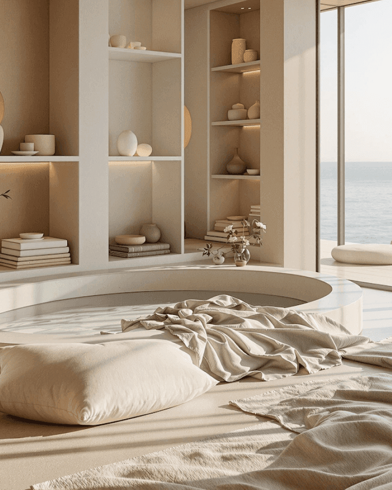 Minimalist cozy bedroom with built-in shelves, soft bedding, and ocean view windows.