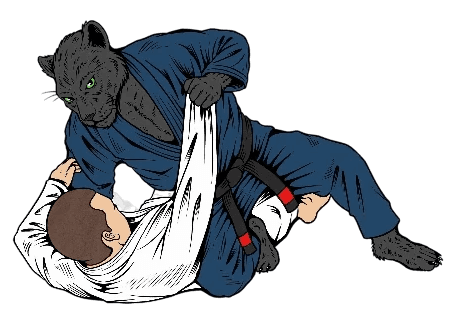 Man and jiu jitsu panther rolling wearing gis