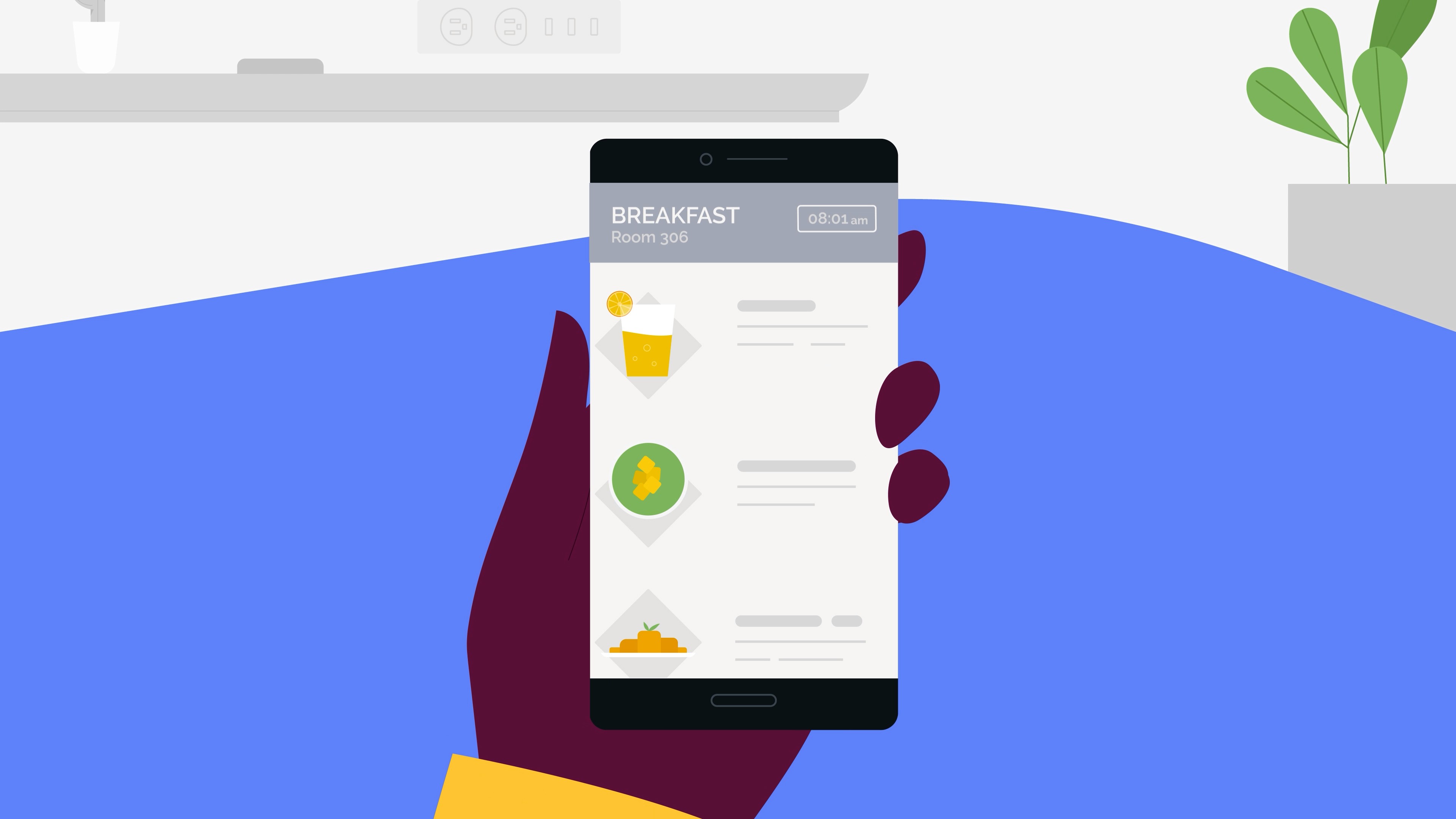 A screenshot from a training video showing guest ordering breakfast using his a hotel phone app