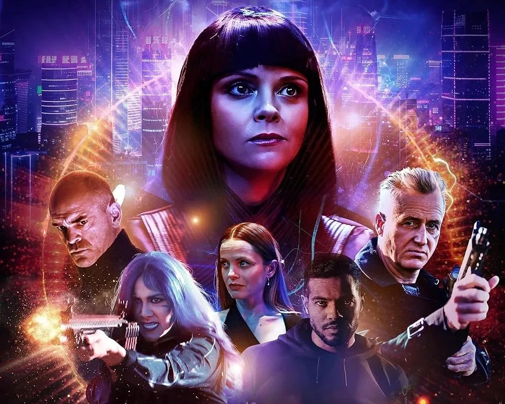 This vibrant sci-fi collage features a diverse group of characters, each with a futuristic backdrop of neon-lit cityscapes and glowing energy waves, exuding a sense of action and intrigue.