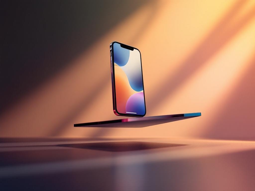 A smartphone levitates above a dark surface, illuminated by warm, ambient lighting.