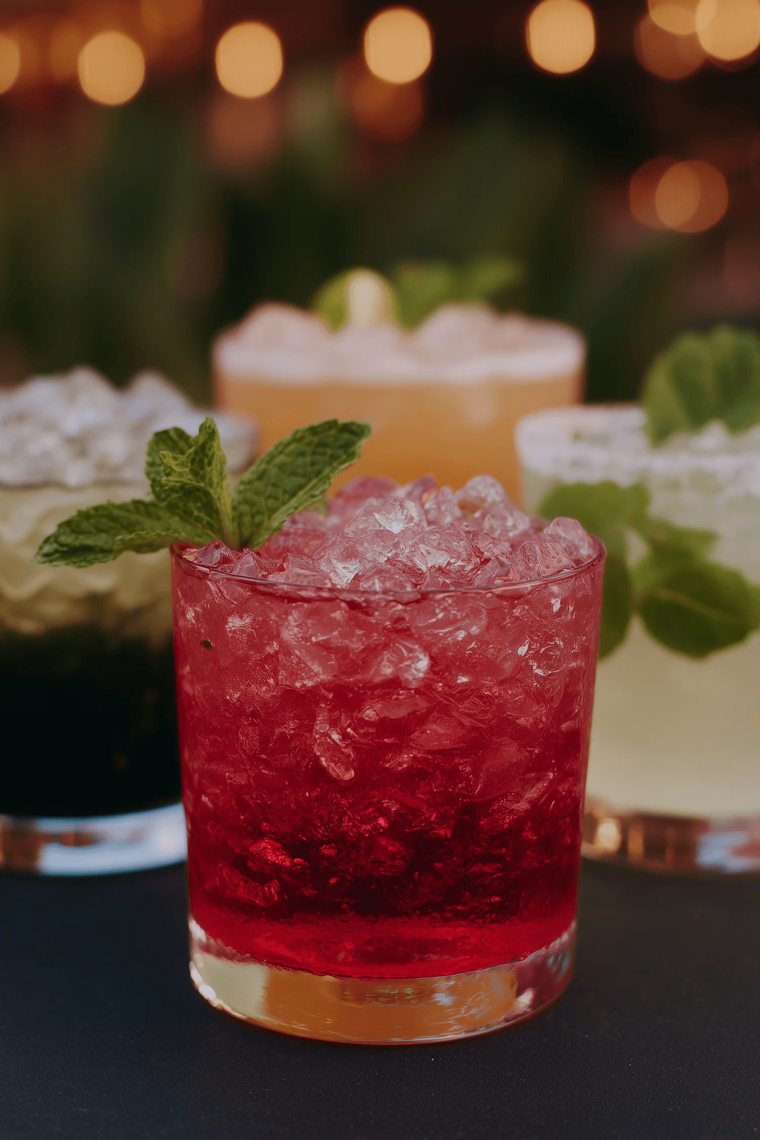 A close-up of colorful cocktails