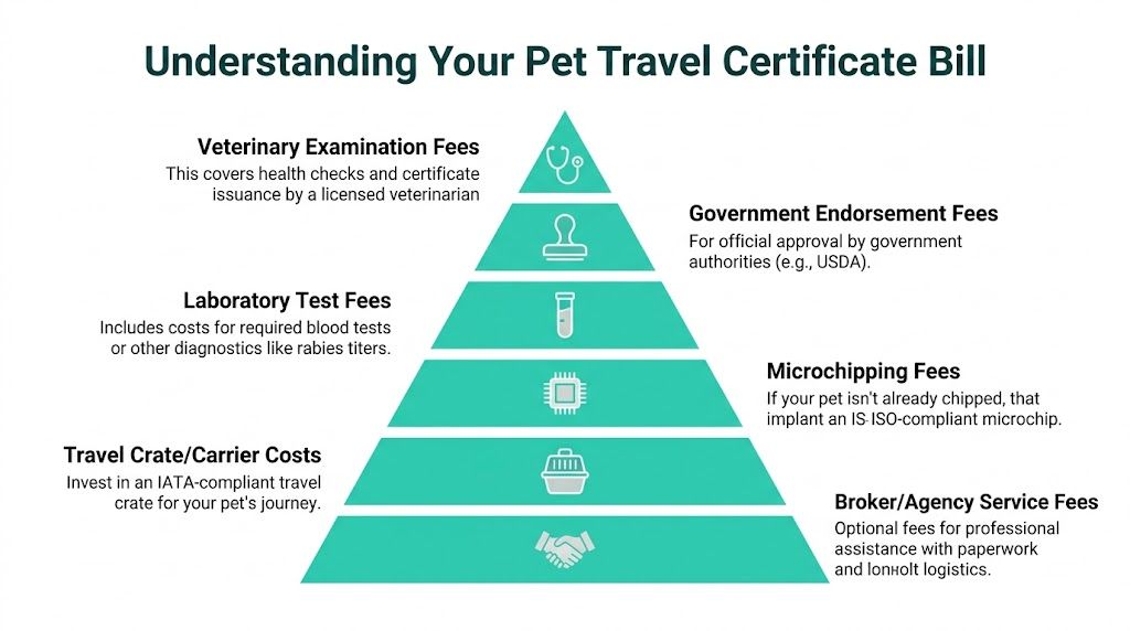 A pyramid diagram illustrating the various components and costs involved in obtaining a pet travel certificate.