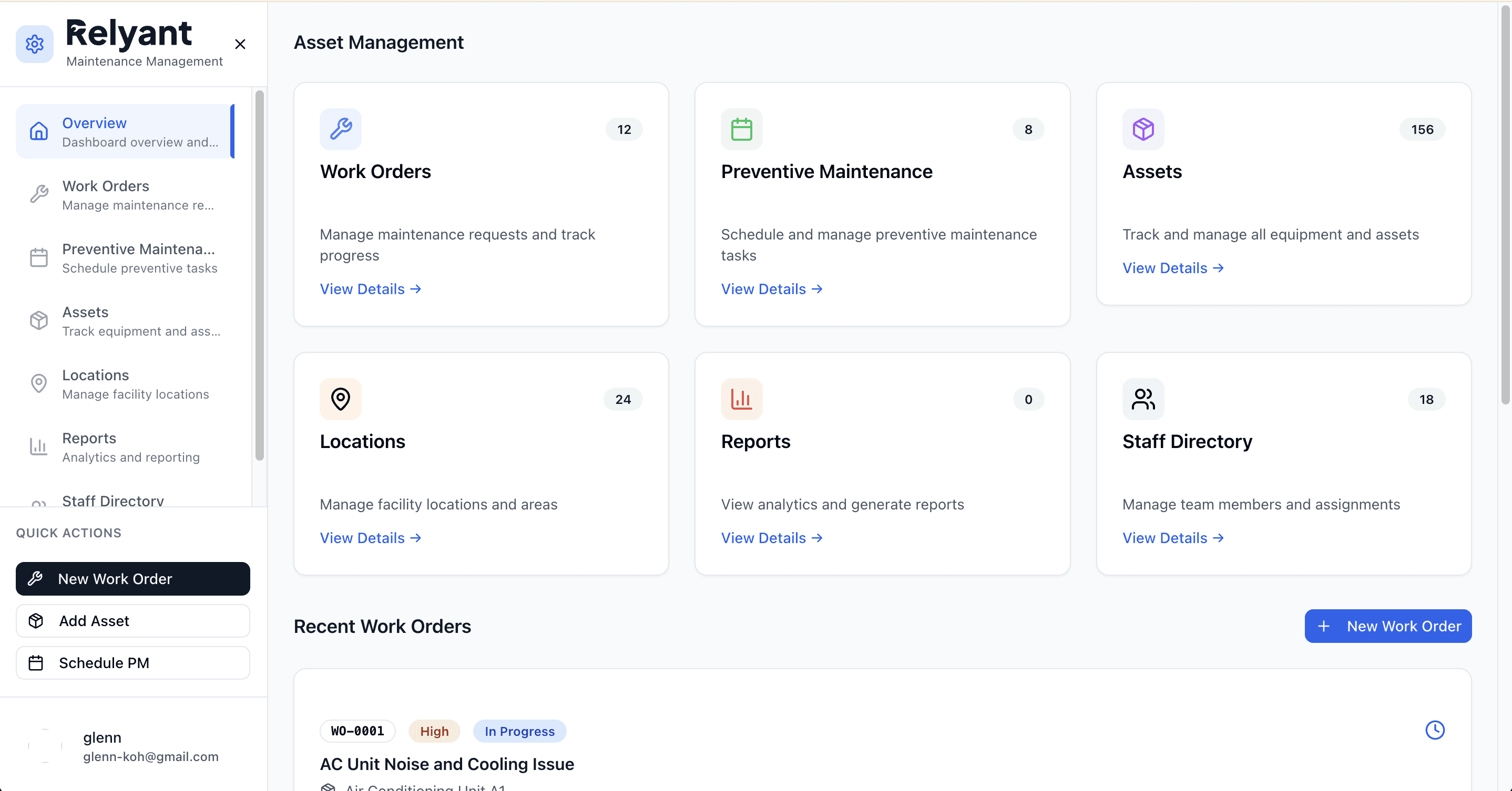 Relyant dashboard showing open work orders and maintenance requests for schools