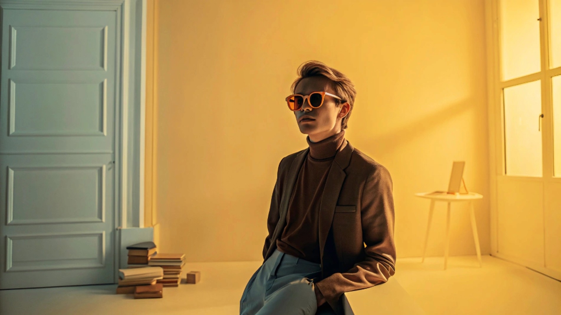 A stylish individual wearing orange sunglasses and a brown turtleneck, seated in a room bathed in soft yellow light with stacked books and a door in the background.