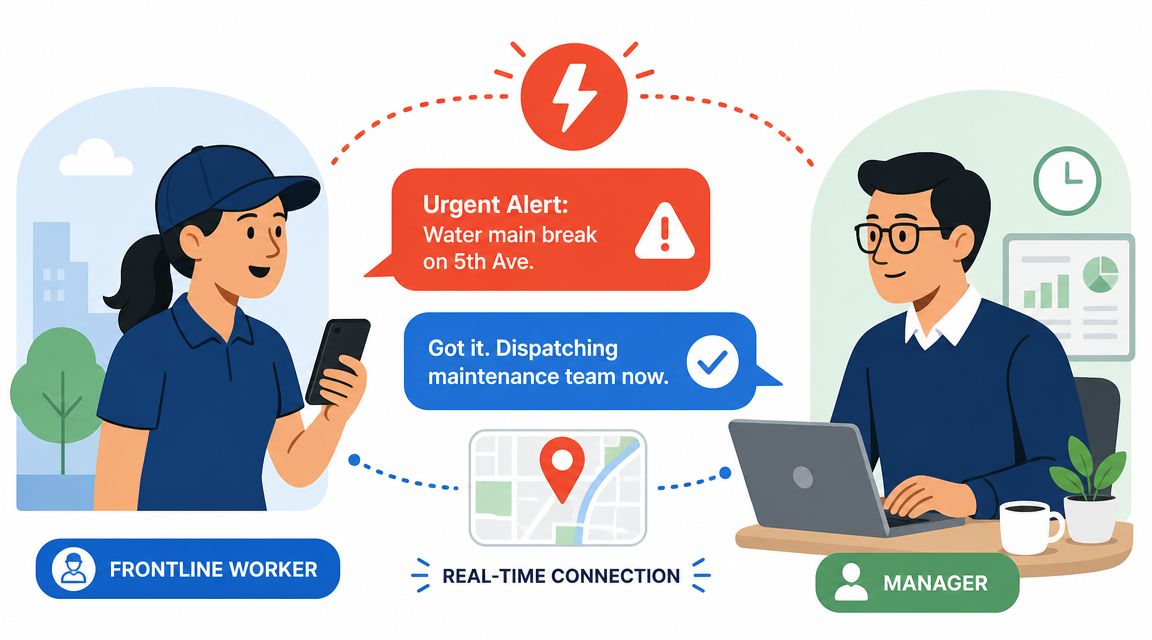 A diagram showing a frontline worker and manager communicating in real-time regarding a water main break alert.