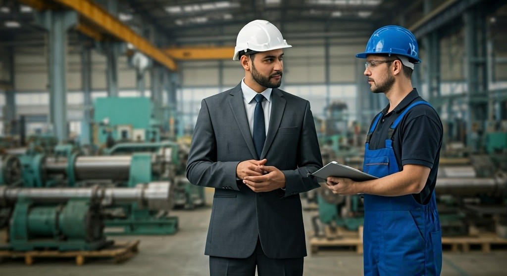 Consultant discussing process changes at a factory