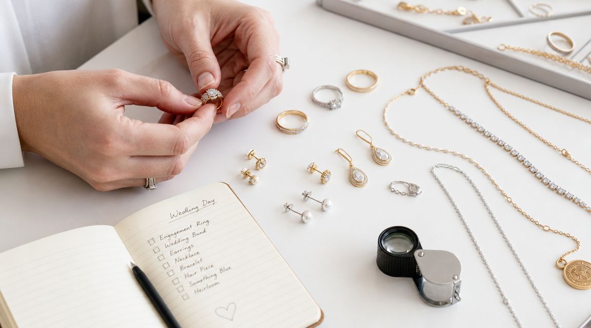 A person organizing jewelry on a desk with a wedding day checklist and a jeweler's loupe nearby.