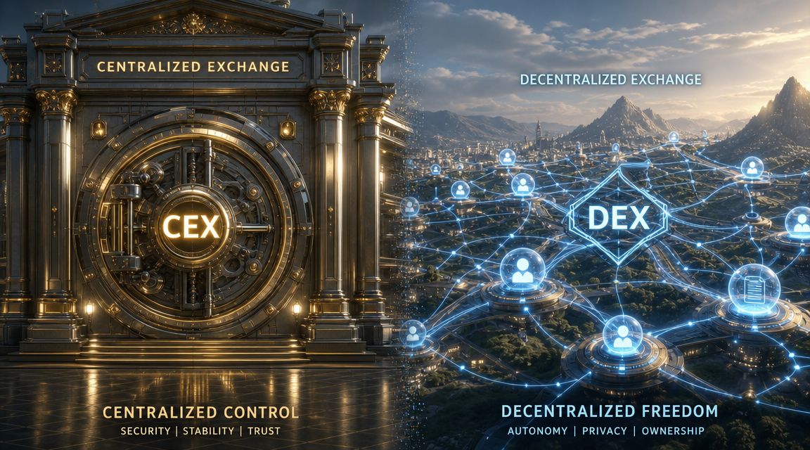 A split image contrasting a golden bank vault representing Centralized Exchange with a futuristic network showing Decentralized Exchange.