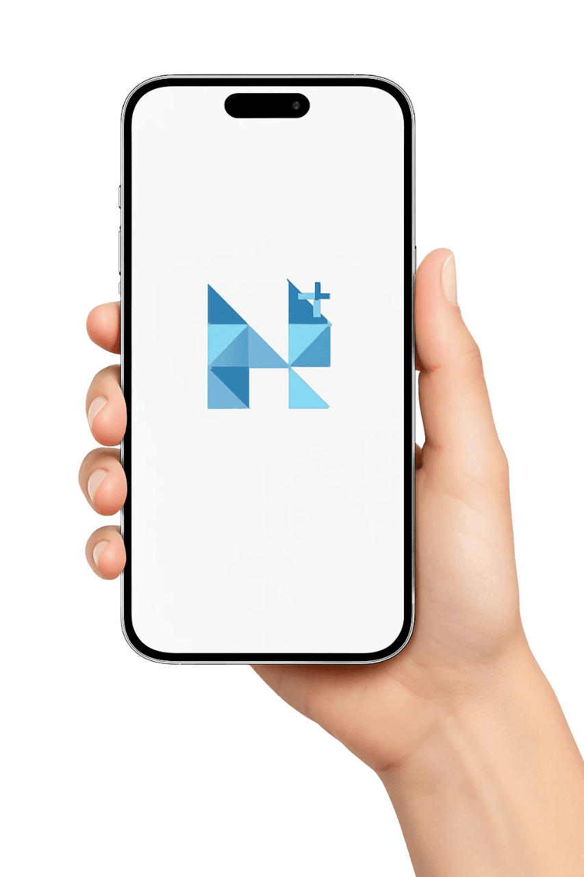 A hand holding an iphone displaying HoustonPlus logo on the screen.