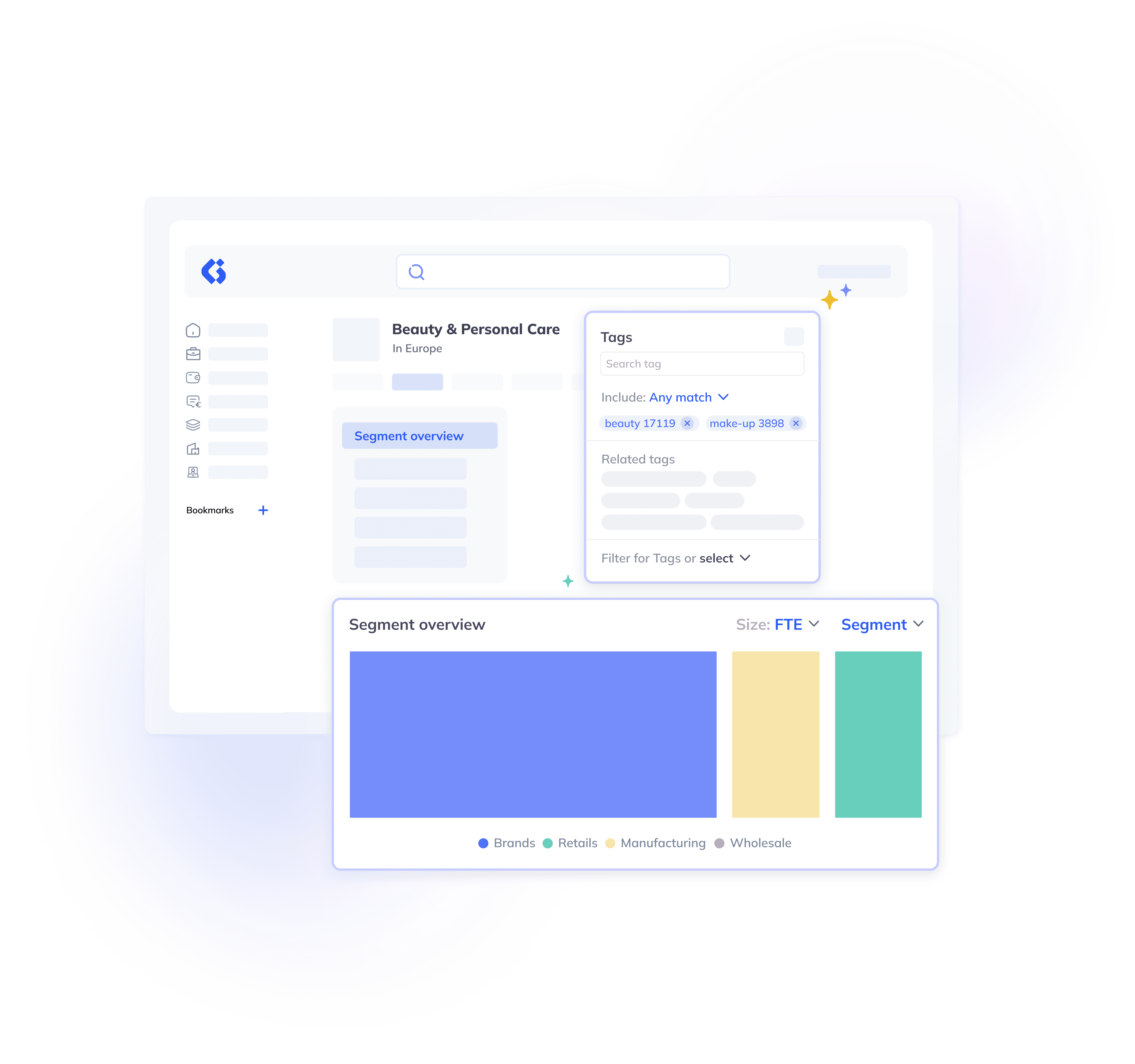 A digital dashboard displays search and filter options for tags like “beauty” and “retails,” with colorful bar charts and segment overview for different industries such as brands, retail, manufacturing, and wholesale.