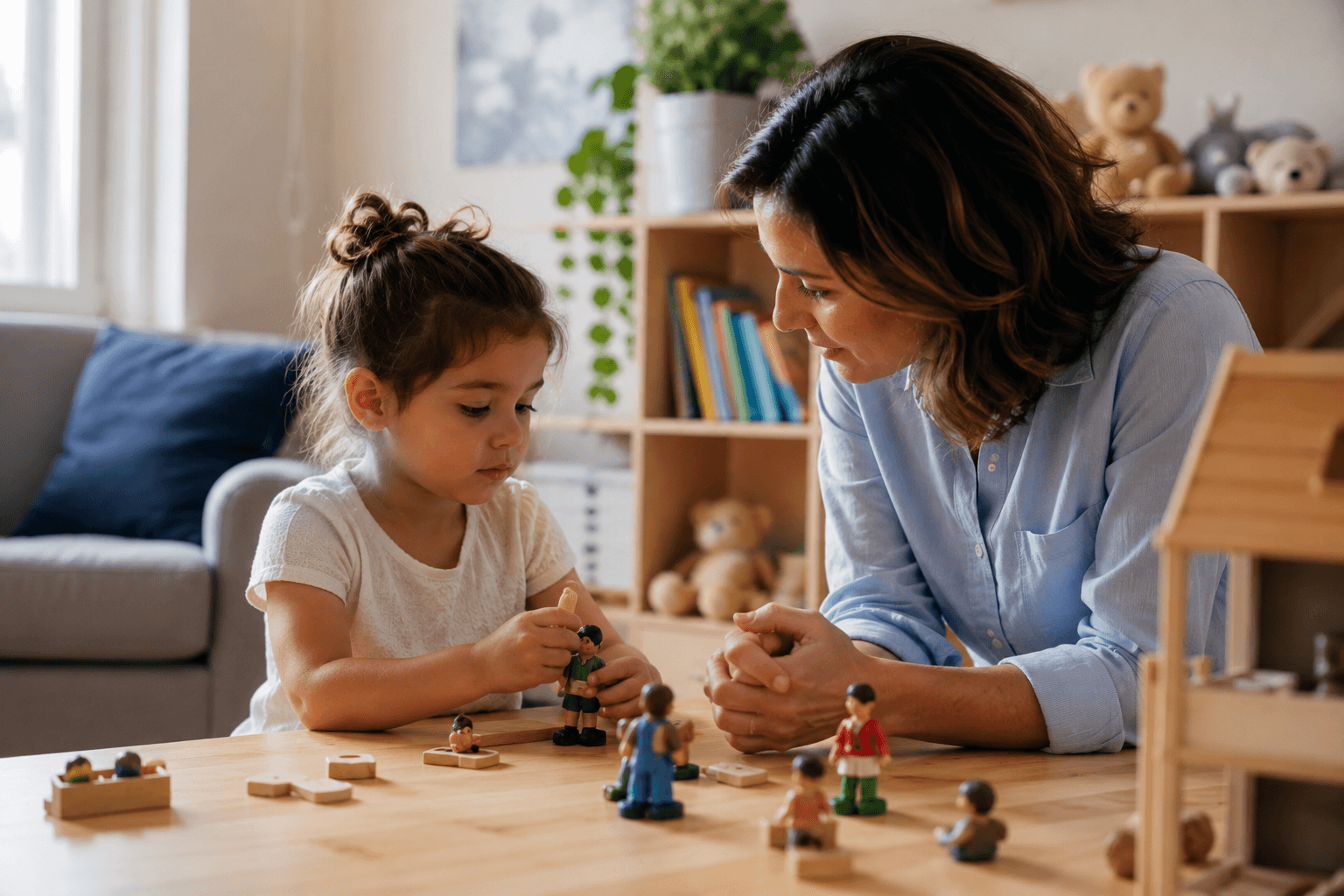 Young child engaged in play therapy with a child therapist, developing emotional regulation, confidence, and healthy coping skills through play.