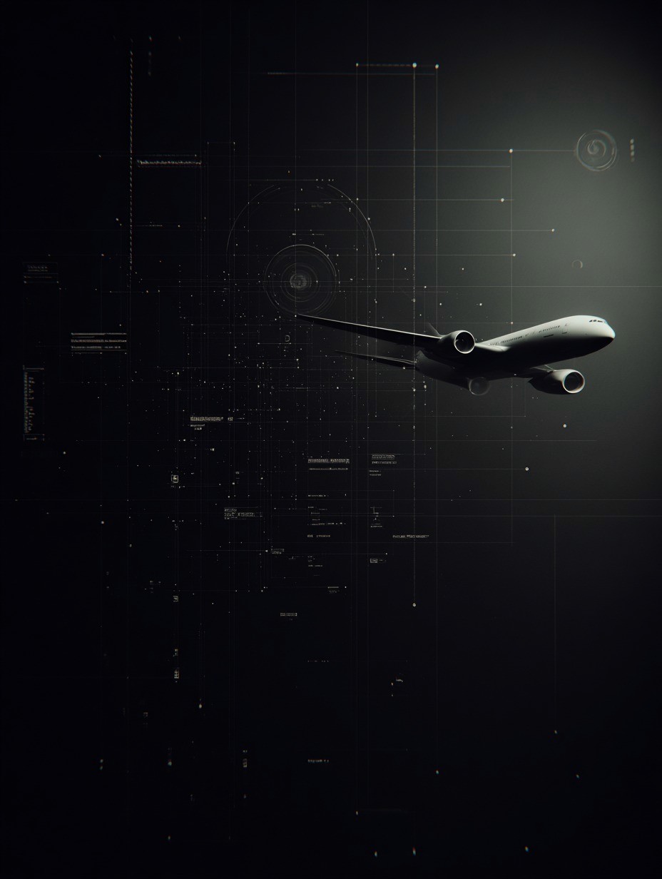 Airplane flying through a dark, minimalist digital interface with faint grid lines and data overlays, suggesting aerospace logistics, precision tracking, and regulated transport systems.