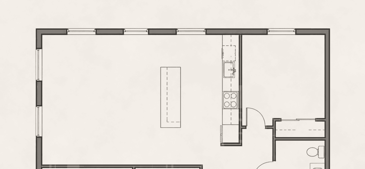 Floor plan line drawing of an 18 Fifteen residence