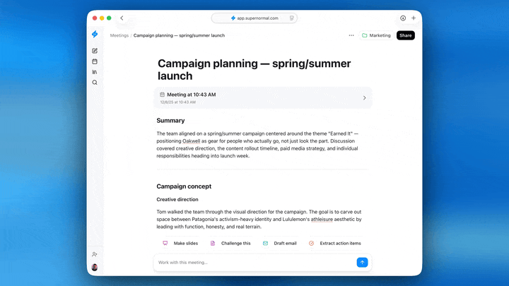 Supernormal meeting note interface with AI-generated action items for creating slides, emails, and extracting tasks from a campaign planning discussion.