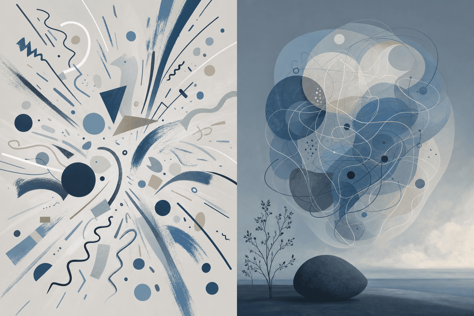A split composition showing the difference between childhood and adult ADHD presentation. Left side: abstract representation of visible external energy and movement with dynamic shapes and motion. Right side: calm external appearance with subtle internal complexity, layered translucent forms suggesting mental restlessness and internal activity. Muted, professional color palette with blues and grays. Modern, clean illustration style. No people, no text.