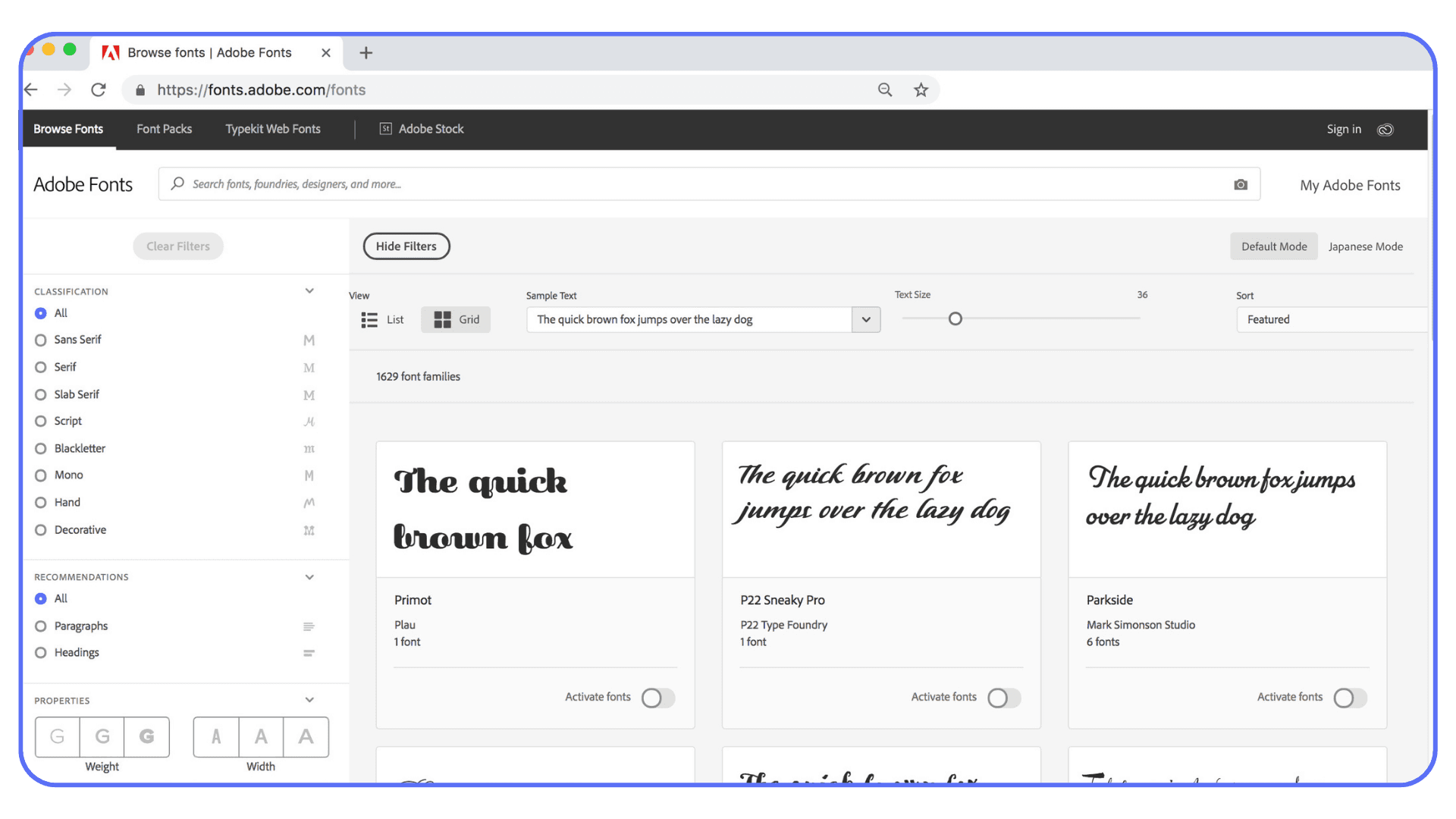 Adobe Fonts library showing available fonts that can be activated for Photoshop