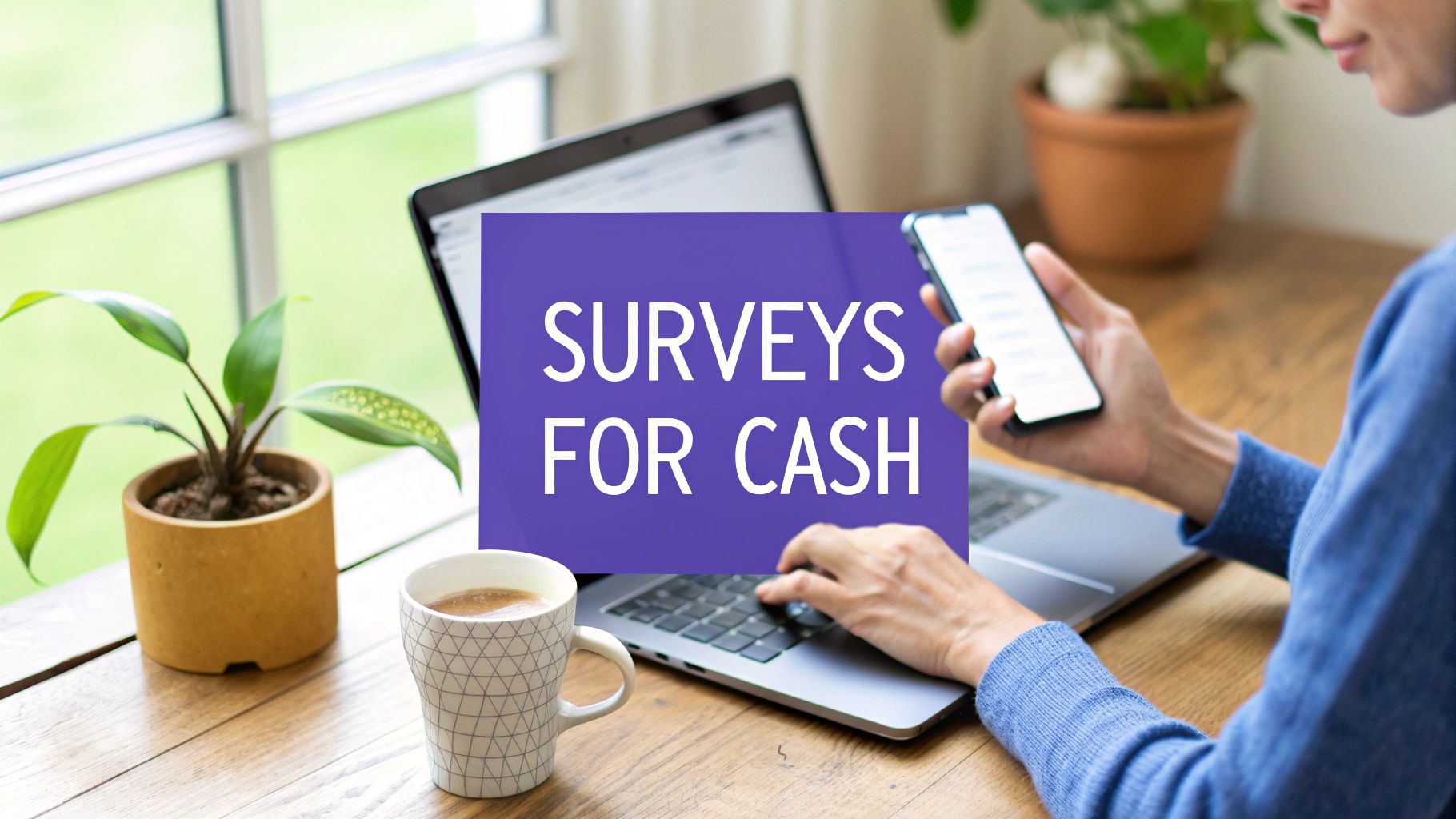 Person using a laptop and smartphone on a wooden desk, with a 'Surveys for Cash' text overlay.