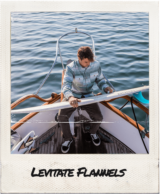 Polaroid style photograph of someone wearing a Levitate flannel 